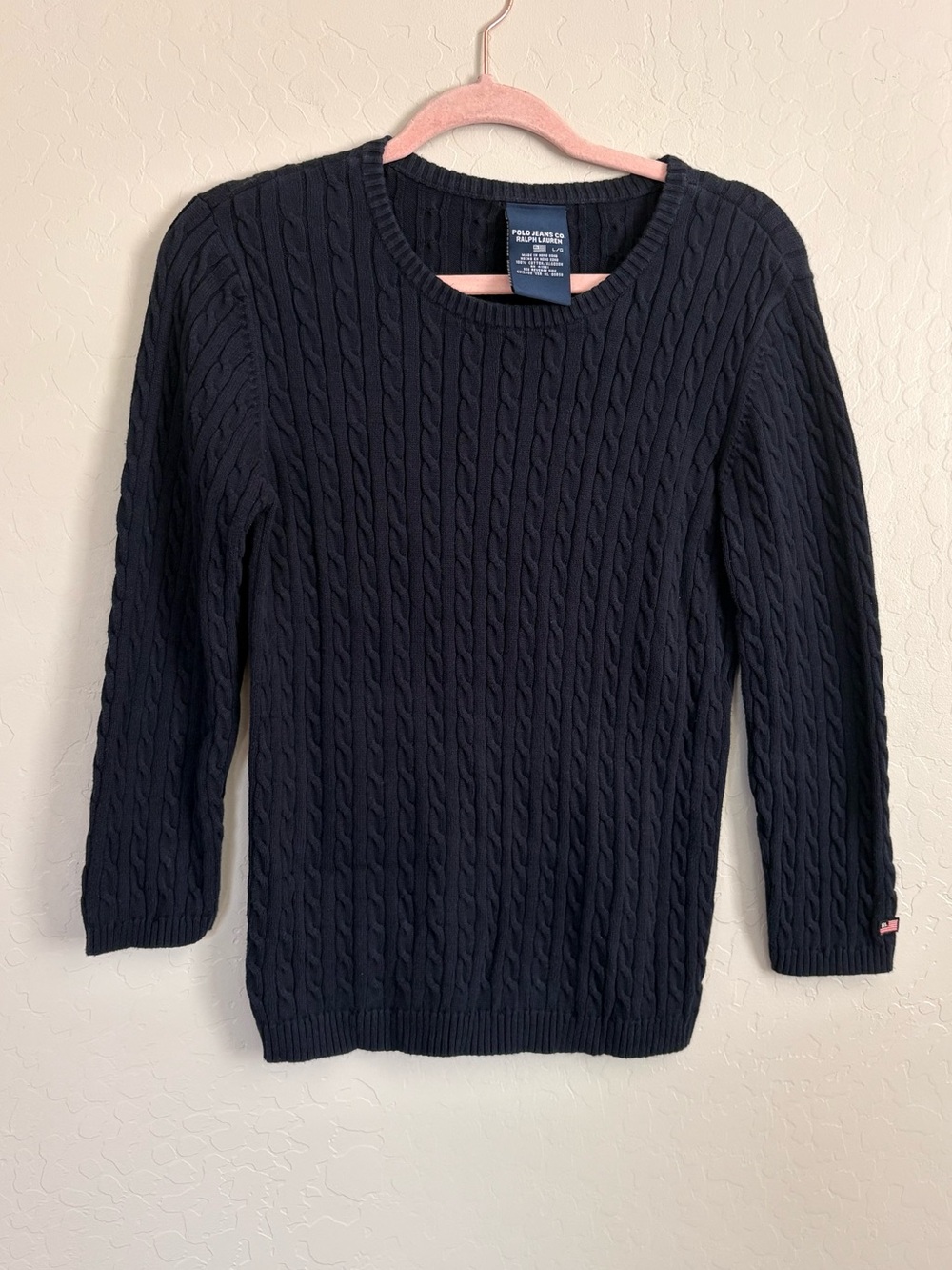 Vintage Polo Jeans Co Ralph Lauren Cable Knit Sweater Navy Blue Cotton L